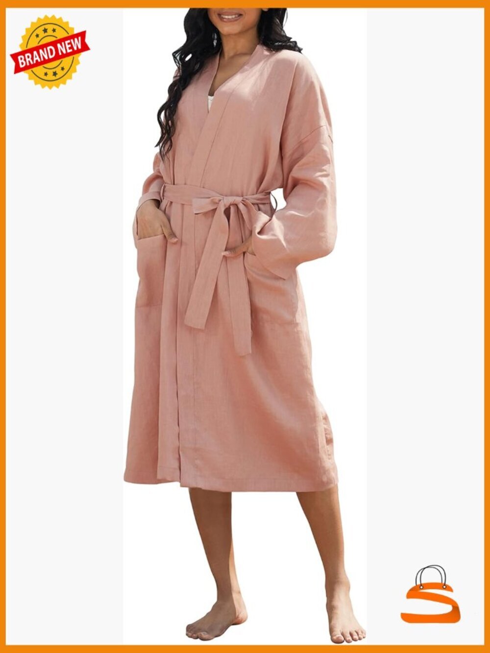 Pure Linen Mid Length Kimono Bathrobe Long Sleeve V-Neck with Pockets